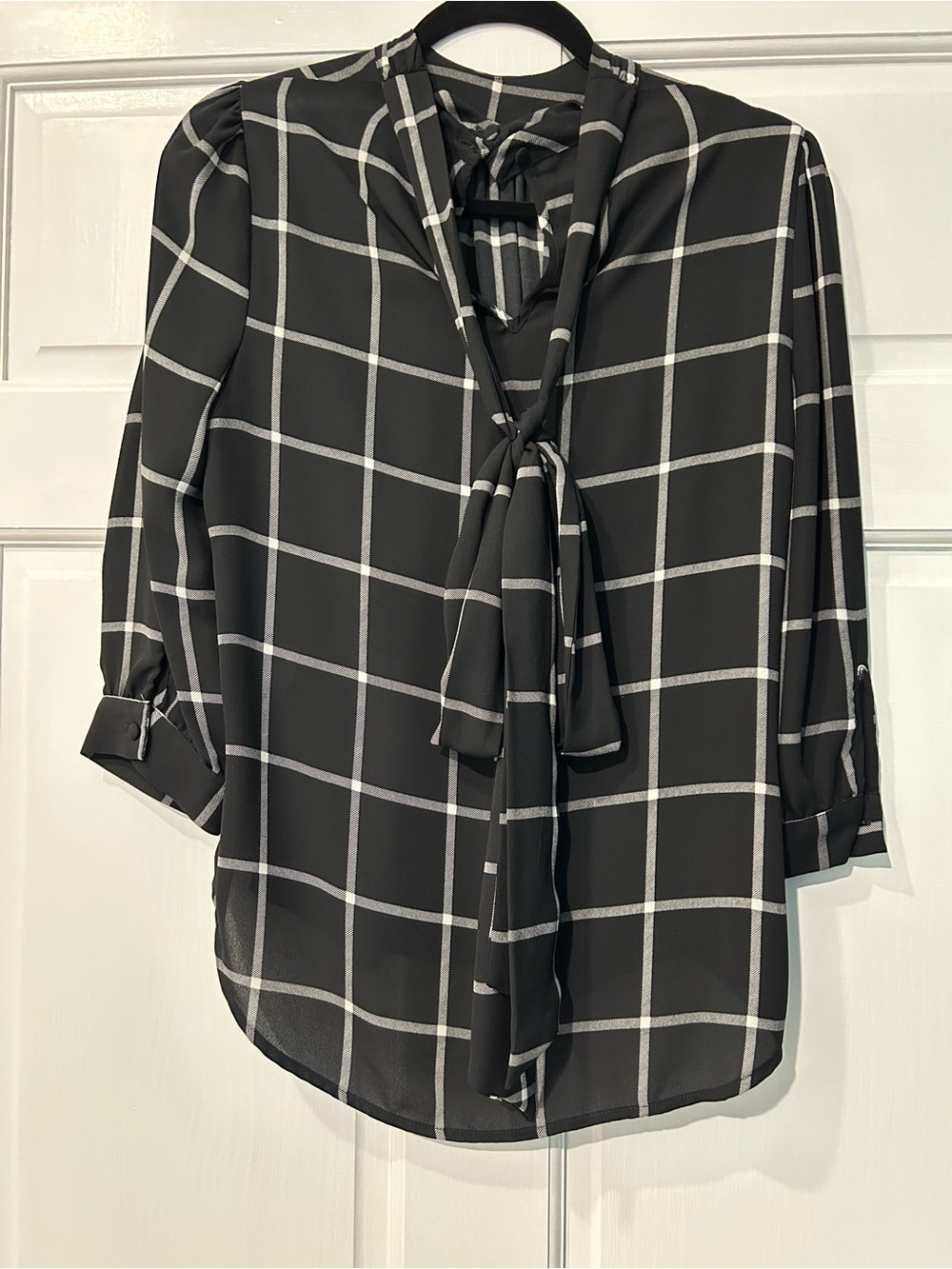 Women's Black Windowpane Tie-Neck Blouse